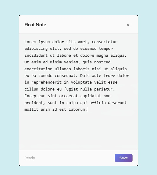 The Float Note floating editor open on a page, showing a note in progress with a Save button