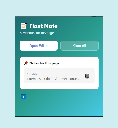 Float Note popup showing Open Editor and Clear All buttons above a list of notes saved for the current page